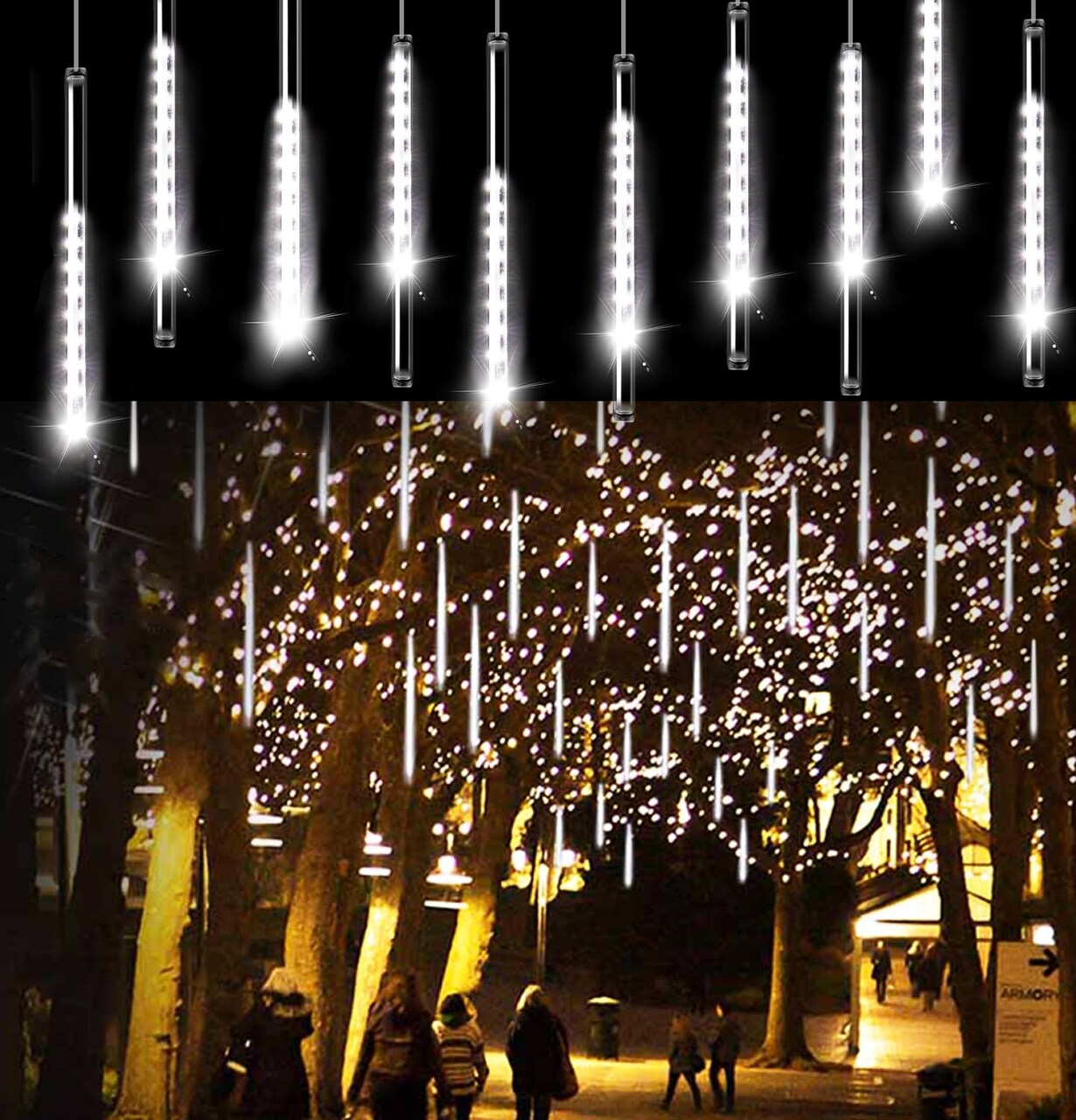 Aluan Christmas Lights Outdoor Meteor Shower Lights White 16 Inch 10 Tubes 360 LED Falling Rain Lights Waterproof Snowfall Dripping Icicle Lights for Xmas Tree Holiday Decoration Yard Porch Patio